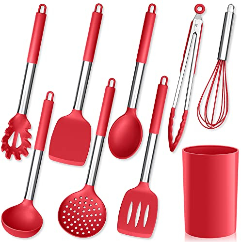 Herogo Küchenhelfer Set, 9 Stück Silikon Kochutensilien Kochbesteck Set mit Utensilienhalter, Rot Küchenutensilien Pfannenwender Set mit Edelstahlgriff, Hitzebeständiger & Antihaft