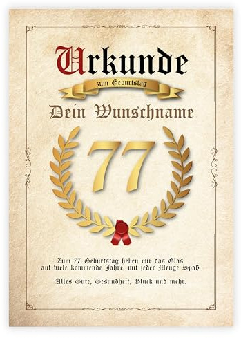 Personalisiertes Bild „URKUNDE zum 77. Geburtstag, Geburtstagsurkunde, Geschenk, Geburtstagsgeschenk, Geburtstagsposter, Geschenkidee, für Männer und Frauen, Jubiläum, Jahrgang 1948, 77 Jahre