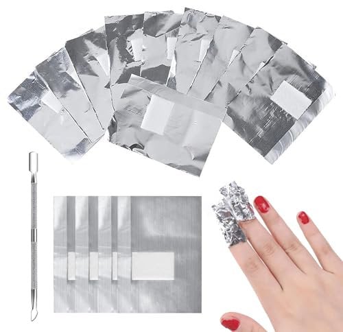 Nail Polish Remover Wraps Pads, Pack of 100 Aluminium Foil Nail Polish Remover Pads and 1 Piece Cuticle Pusher, Nail Polish Remover Pads, Aid for Easy Removal of Nail Polish