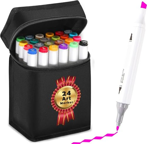 YAWAHOME Alkohol Marker 24 Set - Alcohol Markers Twin Tip Colouring Marker Pens, Kunstmarker Zum Zeichnen Graffiti Ausmalen Manga IIlustration Malen - Für Erwachsene Kinder Twin Stifte Set