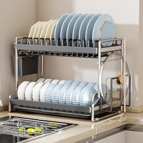 Escurridor de platos de gran capacidad con escurridor desmontable y soporte para utensilios. Organiza tu cocina con este práctico escurridor de platos