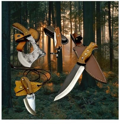 YAK Outdoor handgefertigtes Bushcraft Messer Set – 4-teiliges Camping Set mit 4034 Edelstahlklingen, ergonomischen Walnussgriff mit Lederhüllen
