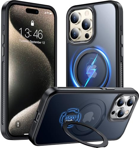 WAVELIFE Magnetic for iPhone 15 Pro Max Case with Sturdy Stand, [Military Drop Protection][Compatible with MagSafe][Translucent Matte] Shockproof Protective Phone Case 6.7 inch-Black