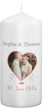PhotoFancy® - Personalisierte Hochzeitskerze - Fotokerze mit eigenem Foto/Text bedrucken lassen - Kerze mit Hochzeits-Design: Herzenslicht - 15 cm Höhe