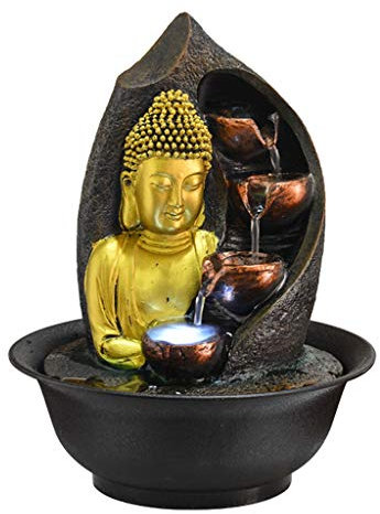 Fuente de mesa Fuente de Buda interior - Fuente de agua de mesa Zen Escultura de Buda dorado y agua circulante Decoraciones interiores para dormir Relajación Meditación Fuente de agua Decoración