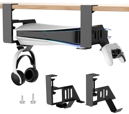 Support de bureau pour PS5, PS5 Slim, PS5 Pro, disque et console numérique | Support horizontal en acier, sans perçage, support sous le bureau avec pince et vis pour console PS5 et casque