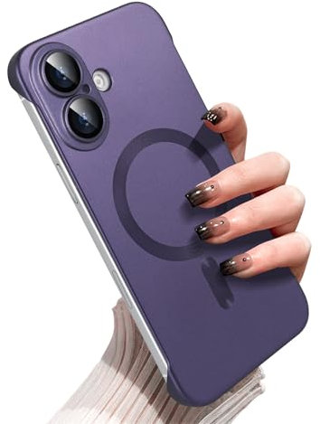 Omio Magnetic Slim Case for iPhone 16 Compatible with MagSafe, Matte PC Ultra-Thin Bumper Frameless Borderless Minimalist Design with Camera Lens Protector for Men Women, Purple
