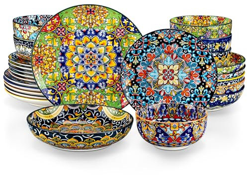 vancasso 24-teiliges Geschirrset aus Porzellan, Tafelservice 6 Personen mit Speiseteller, Dessertteller, Suppenteller und Schalen, mikrowellen- und spülmaschinenfest, Boho kombiservice, Series SIMI