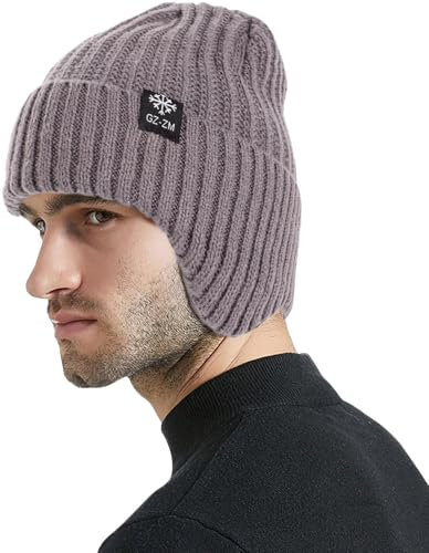Bonnet en tricot chaud et thermique unisexe coupe-vent avec cache-oreilles pour cyclisme, course à pied, pêche, ski, sports, gris, Taille unique