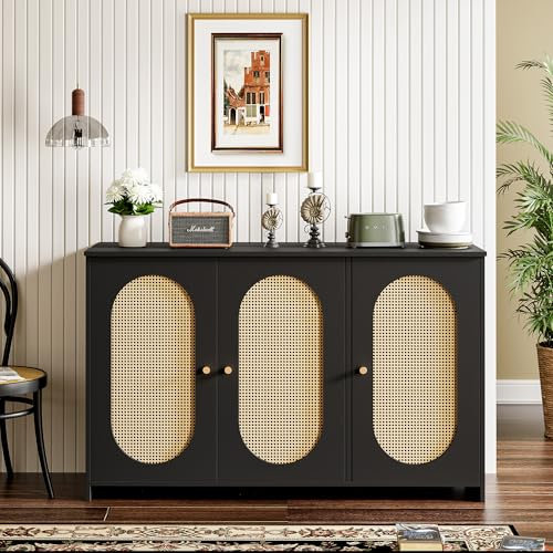 Merax Buffetschrank Küche, Rattan Kommode, Moderner stilvoller Sideboard mit 3 Türen, Großes Aufbewahrungsschrank für Esszimmer, Wohnzimmer und Küche (Schwarz)
