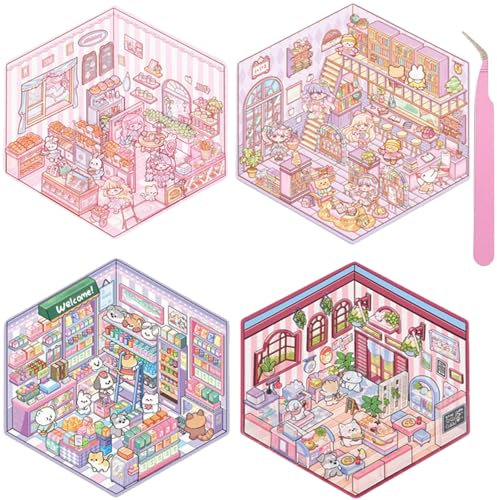 Wnqou 4 Sets DIY 3D Aufkleber - Mini simulierte Hütte & Supermarkt Bäckerei Szenen, Niedliche Cartoon-Szene Sticker für Erwachsene und Kinder, 3D House Sticker Spiele für Mädchen