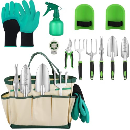 Hoemwarm Gartenwerkzeug-Set, 11-teilig, Edelstahl, strapazierfähig, Gartenzubehör mit grünem schwarzem Griff, Outdoor-Jäten, Geschenke für Frauen