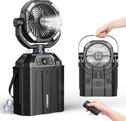 Misting Fan with 7L Bucket,25000mAh Rechargeable Camping fan,Infinitely variable speed,10-inch Outdoor Fans for Patios/Camping, Floor Cooling Fan with Remote, 4 Spray Mister, Waterproof Design