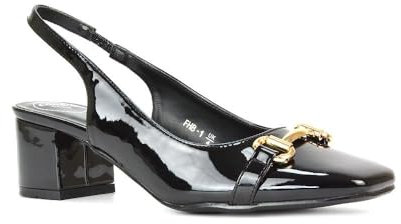 Women's Block Mid Heel Court Shoes Ladies Black Patent Slingback Buckle Detail Square Toe Size 7