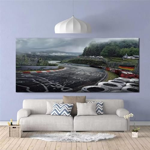 WUDUM Wandkunst im Querformat, Nürburgring, Rennstrecke, Drucke, Leinwandbild, Waldplakate für Wohnzimmerdekoration, 20 x 40 cm, mit Rahmen