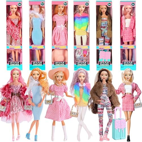 dollbie 6 Pack Fashion 11.5 inch American Toy Prinecess Dolls Playset with Outfits Dress Design and Accessories Like Handbag Hat Crown Necklace Suitcase (Gift Box Package)
