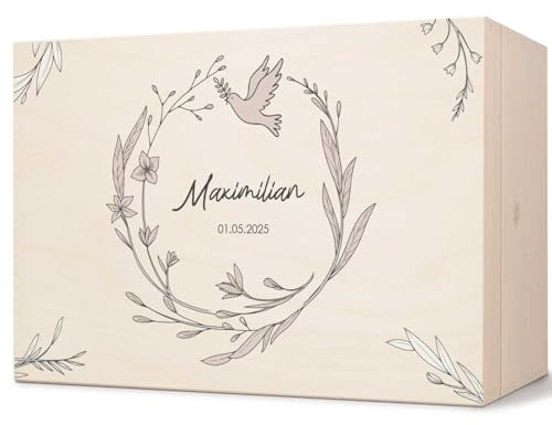 GRAVURZEILE Bedruckte Erinnerungskiste - Kranz Minimal - Personalisiert mit Name & Datum - Erinnerungsbox für Mädchen & Jungen - Geschenk zur Kommunion, Konfirmation & Taufe - Erinnerungsbox