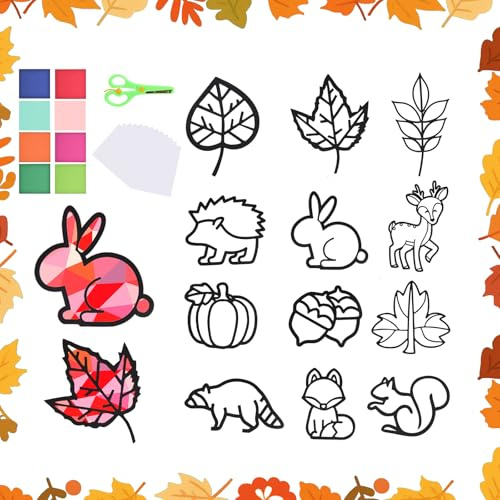 Indrnif 12 Stück Herbst Bastelset Kinder, Herbstdeko Basteln,Bastelvorlagen Herbst,Wiederverwendbare DIY Aufkleber Fensterbilder Blätter Deko Geschenk,Ahornblatt Eichhörnchen Igel Fuchs Kaninchen