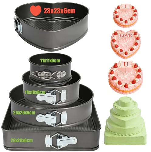 MOPUBZO 5 Springform Set, Kuchenbackform Ø 28/26/24/18/11 cm, Runde, Quadratische und Herzförmige Kuchenbackform, Abnehmbarer Flachboden, Antihaftbeschichtet, Zum Backen Verschiedener Kuchen