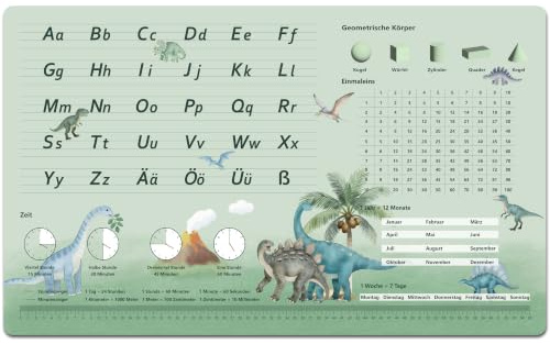Schreibtischunterlage für Kinder - Dinosaurier-Muster ABC Lernen Schreibtischunterlage - 70 x 40 cm - doppelseitige Premium-Vinyl Schreibunterlage - Abwischbar, öl- und schmutzabweisend, weicher