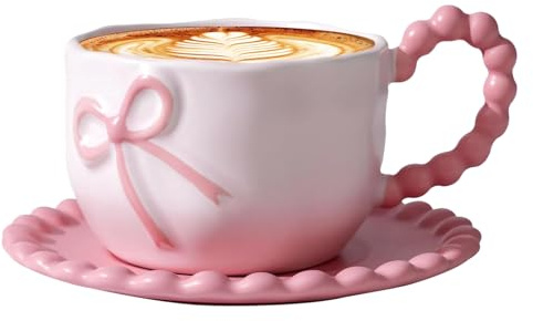 OUGPIU 350ml Bow Handle Cute Ceramic Coffee Mug,Bow Mug with Saucer Set,Cute Tea Cup for Hot Drinks – Stylish Coffee Cup Gift for Mum or Her,Microwave & Dishwasher Safe