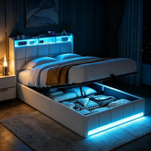 Polsterbett 90x200 cm, LED Einzelbett mit Staufach-Kopfteil und USB-Anschlüssen, Jugendbett 90x200 mit Hydraulischer Stauraum, Gästebett Funktionsbett Stauraumbett Bettgestell mit Lattenrost,Leinen