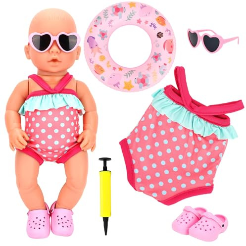 Puppenkleidung Sommer Schwimm-Set für Puppen, Puppenzubehör Kleidung Outfits für Baby Puppen Schwimmset für Puppen mit Badeanzug Schwimmring Sonnenbrille Schuhe Luftpumpe, für 35-45 cm Schwimmpuppe