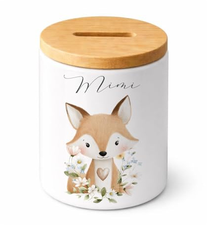 Personalisierte Spardose aus Keramik mit Namen – Waldtiere Motive – Sparbüchse mit abnehmbarem Bambusdeckel für Kinder – Geschenk zur Geburt, Taufe & Geburtstag (Fuchs)