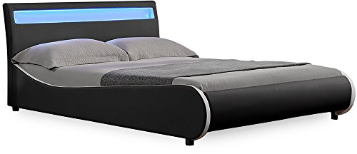 Corium LED Polsterbett Valencia Wellenförmiges Doppelbett mit LED Beleuchtung aus Kunstleder Lattenrost & gepolstertes Kopfteil 140x200cm Schwarz mit weißer Kante