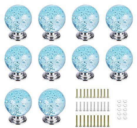 Aqua Bleu bulles Bouton décoratif en verre et tirer pour commode, tiroir, Meuble de cuisine ou de porte Lot de 10