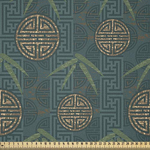 ABAKUHAUS Bambus Microfaser Stoff als Meterware, Authentische asiatische Motive, Deko Basteln Polsterstoff Textilien, 2M (230x200cm), Elfenbein Teal Tan