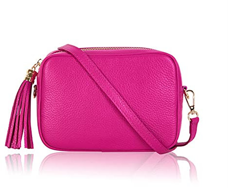 Montte Di Jinne - 100% Made in Italy - Soft Leather Leather Women's Cross Body Bag with Tassel key Ring (FUCHSIA)