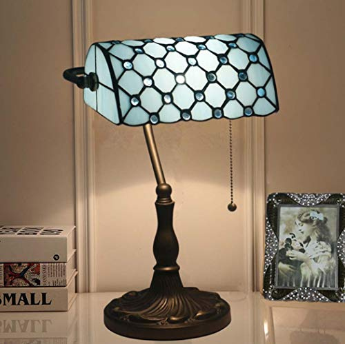 Yjmgrowing Tiffany Style Banker Tischleuchte Antike Schreibtischlampe Handgemachte Glasmalerei Schatten Nachtbeleuchtung,Zugkette,Zinklegierungsbasis,E27, 110~240 V (27 * 39 cm),Blau
