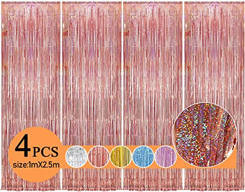 Metallic Tinsel Curtain Rose Gold Glitter – OEMG 4Pack 3.3x8.2FT Rose Gold Foil Fringe Curtain, Metallic Rose Gold Foil Curtain, Rose Gold Tinsel Curtain, Rose Gold Party Curtain