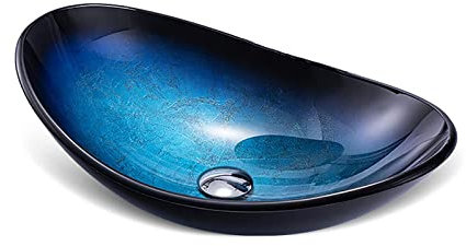 SXLSZ GEH?rtetes Glas Waschbecken, Aufsatzwaschbecken Oval Glas Aufsatz Waschschale, Waschschale Waschtisch Set mit Montagering, 540×360×160mm,Blau