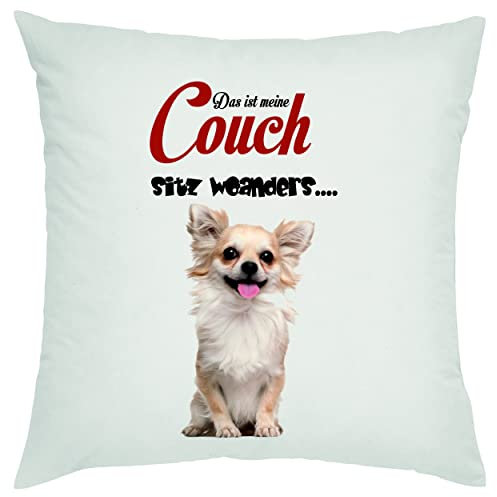 Crealuxe Kissen Chihuahua - Meine Couch, Sitz woanders Zierkissen, 40 x 40 cm, Baumwolle, Plüsch, Waschbar bis 30 Grad