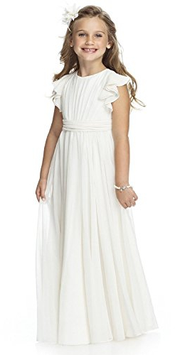 Aibaowedding Boho Lange Kinder Chiffon Kleid mit Binde Gürtel und Kurzen Butterfly-Ärmeln/Vintage Chic A-Linie Kommunionkleider Brautjungfern Kleider Blumenmädchenkleider für Mädchen(Weiß,12)