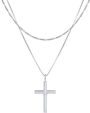 Kuzzoi Herren Silber-Halskette im Layer Look mit Kreuz Anhänger (30 mm), Halskette für den Mann in 925 Sterling Silber poliert, Layer Kette mit Anhänger im zeitlosen Design, Länge 50 cm
