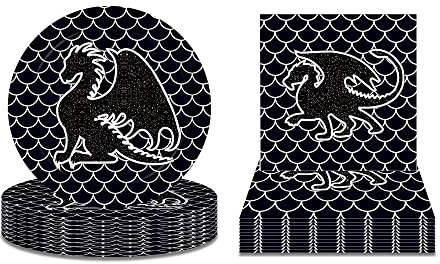 Dragon Party Dessertteller und Servietten Serviert 24 Zwickel 64 Stück Drachen Party Supplies Einweg-Papiergeschirr Set Pappdrache Party Teller Servietten für Drachen Fantasy Geburtstag Party Supplies