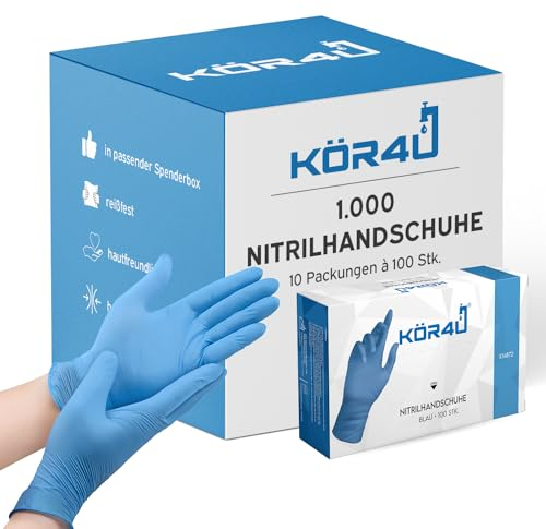 kör4u Nitrilhandschuhe, 1000 Stück, puderfrei, latexfrei, Einweghandschuhe, Einmalhandschuhe, Lebensmittelhandschuhe (Blau, L)