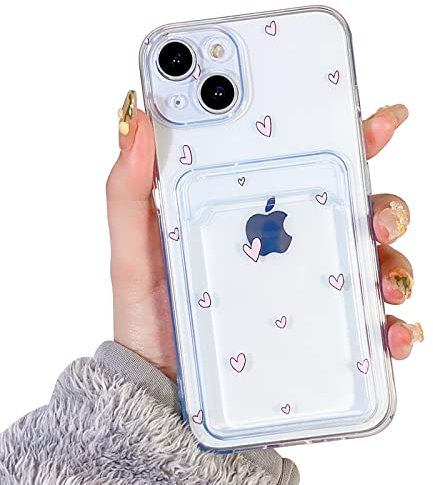 NITITOP Compatible for iPhone 13 Case Clear with Card Holder, Cute Heart Pattern Love Design for Women Girl, Protective Soft TPU Shock-absorbing Wallet Case for iPhone 13-Pink Heart
