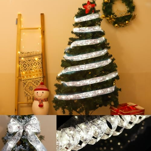 Weihnachtsband Lichter, 5m 50 LED Weihnachtsbaum Band Lichter, Glänzende Band Lichterkette mit 2 Leuchtmodi für Weihnachtsbaum Dekorationen, Party,Hochzeiten und Urlaubsdeko (Kaltes Weiß)