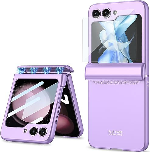 SOUTEM pour Samsung Galaxy Z Flip 5 Coque Intégrée Protecteur D'écran Externe et Protection de Charnière Magnétique, Robuste Antichoc Anti-Rayures Housse de Protection pour Z Flip 5 5G(Violet)