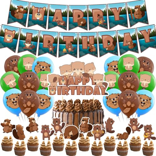 POMNUG Beaver Geburtstag Party Dekorationen Beinhaltet Beaver Geburtstag Banner Kuchen Topper Cupcake Toppers Ballons für Beaver Geburtstag Party Zubehör POMNUG-AB07