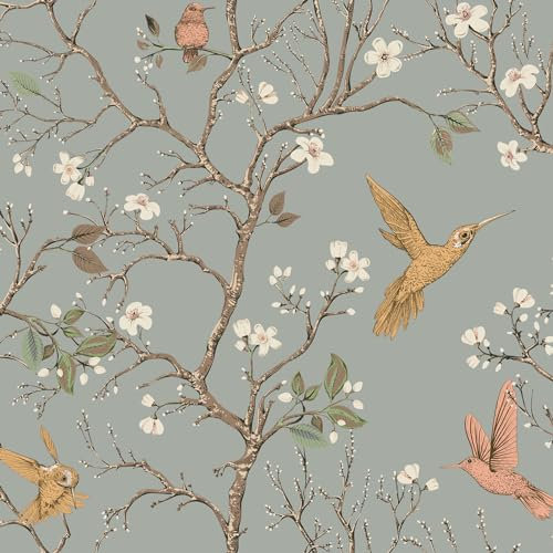 MAGAFA Papier peint floral vintage - Branches de fleurs - Oiseau - Papier peint autocollant amovible pour chambre à coucher, salle de bain, étagère - 45 cm x 6 m