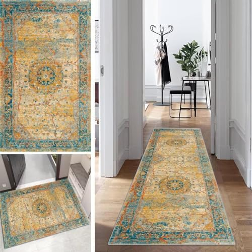 Boho Läufer Teppich Flur Lang Vintage Klassisch TeppichLäufer rutschfest Waschbar 90x250cm Dauerhaft Läuferteppich KüchenLäufer Korridor Polyester Anpassbar Meterware