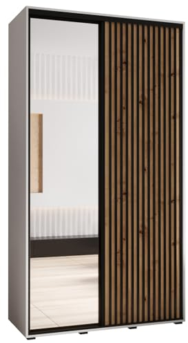 MEBLE KRYSPOL Lanko 2 Schrank mit Zwei Schiebetüren mit Spiegel, Stange, Regalen - Moderner Aufbewahrungsschrank für Schlafzimmer, Wohnzimmer - 235,2x140x45 cm - Weiß Artisan Schwarz
