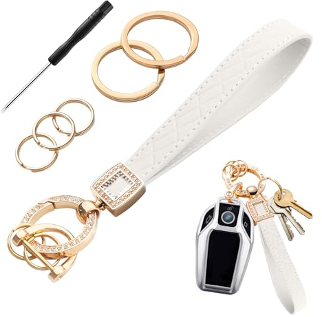 Pardofelis Auto Schlüsselanhänger Damen, Leder Schlüsselanhänger Weiß, Keychain Glitzer mit 5 Schlüsselring, 1 D-Ring, 1 Schraubendreher, 360 Grad drehbar, Geschenk für Familie Freunde