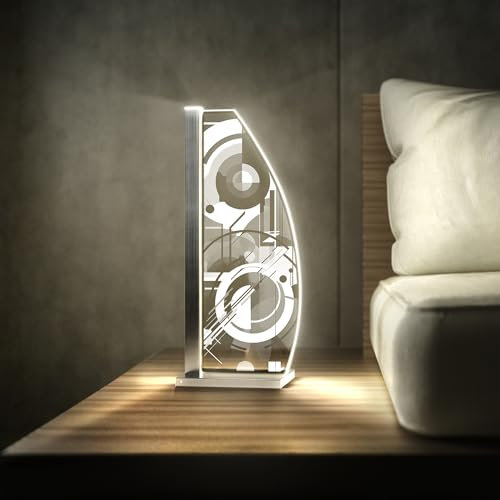 Luverre Tischlampe | LED-Leuchte | Glas-Leuchte mit Gravur für Nachttisch, Kommode, Wohnzimmer | Kunst, Bauhaus, Geometrie (Abstrakte Harmonie, Segel | silber)
