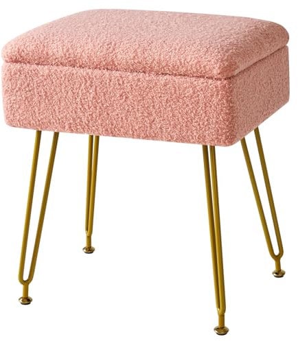 YMYNY Storage Ottomans, Chair Stool Upholstered, Footstool, Modern Teddy fleece material, Dressing Table Stool, Pouf Couch Stool, Metal Legs, for Living Room, Bedroom 40×30×47CM Pink HBD031P
